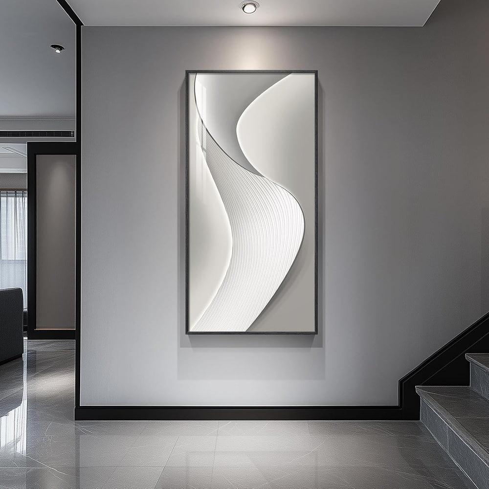 Large Framed Silver White Abstract Wall Art for Living Room, Vertical 30x60