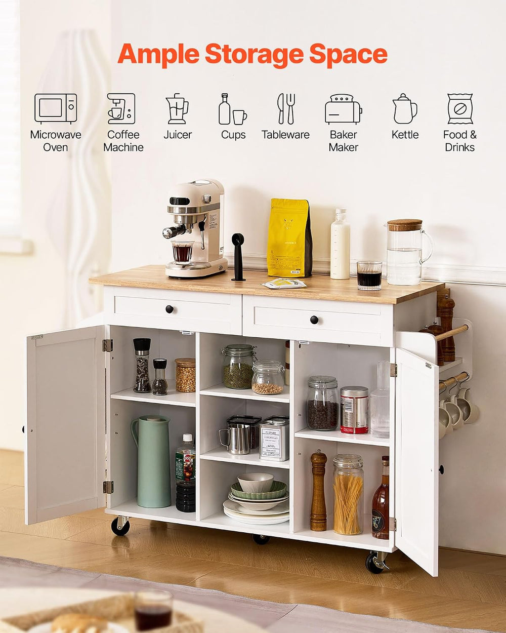 VEVOR Kitchen Island Cart, with Solid Wood Top and Storage Cabinet, Mobile Ro...