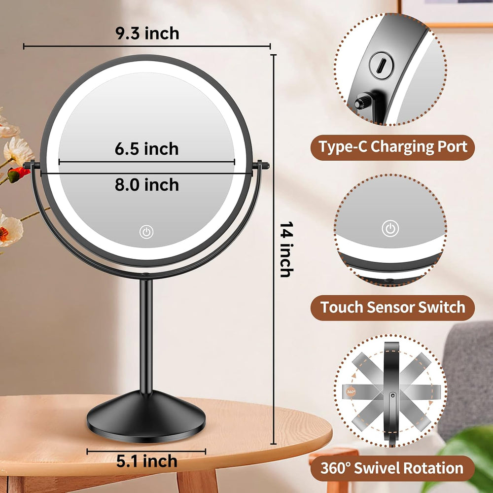 8 Inch Lighted Makeup Vanity Mirror with Lights 3 Color Dimmable, 1X/10X