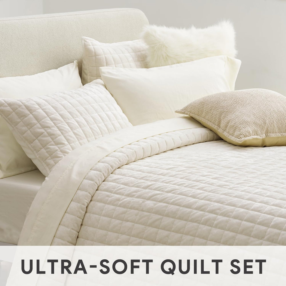 RECYCO Channel Box Stitch Velvet Quilt Set, King Size, Cream White