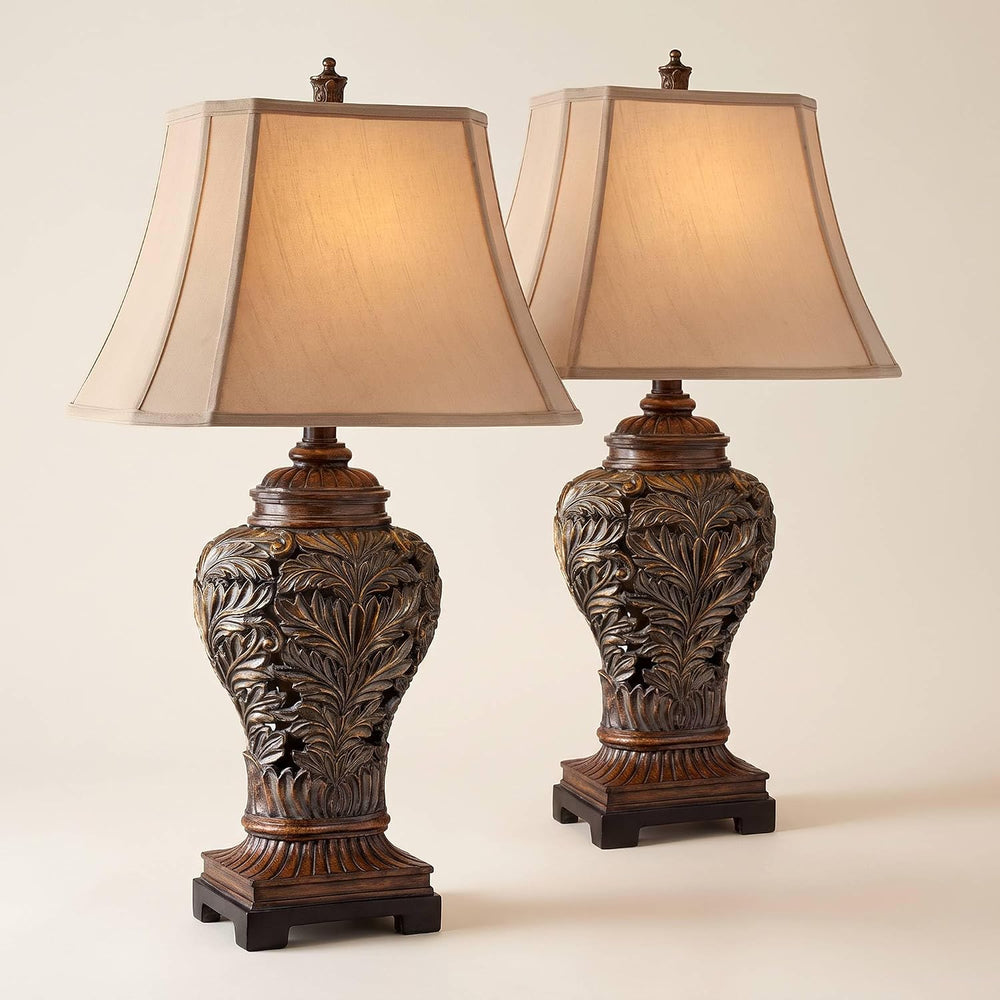 Oak 32 1/2" Bronze Brown Large Table Lamps Set of 2 Leafwork Cottage