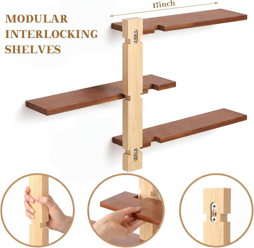 Pinkunn 2 Pack Floating Wall Shelf Mid Century Decor, Natural Wood, 3 Tier