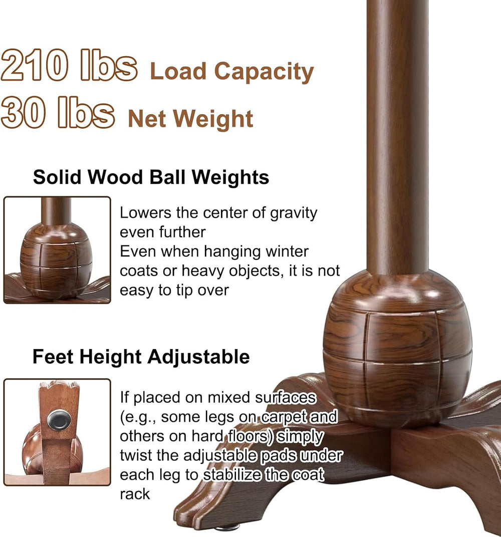 Wooden Coat Rack Freestanding, Coat Racks with 7 Hooks, Coat Tree Freestandin...