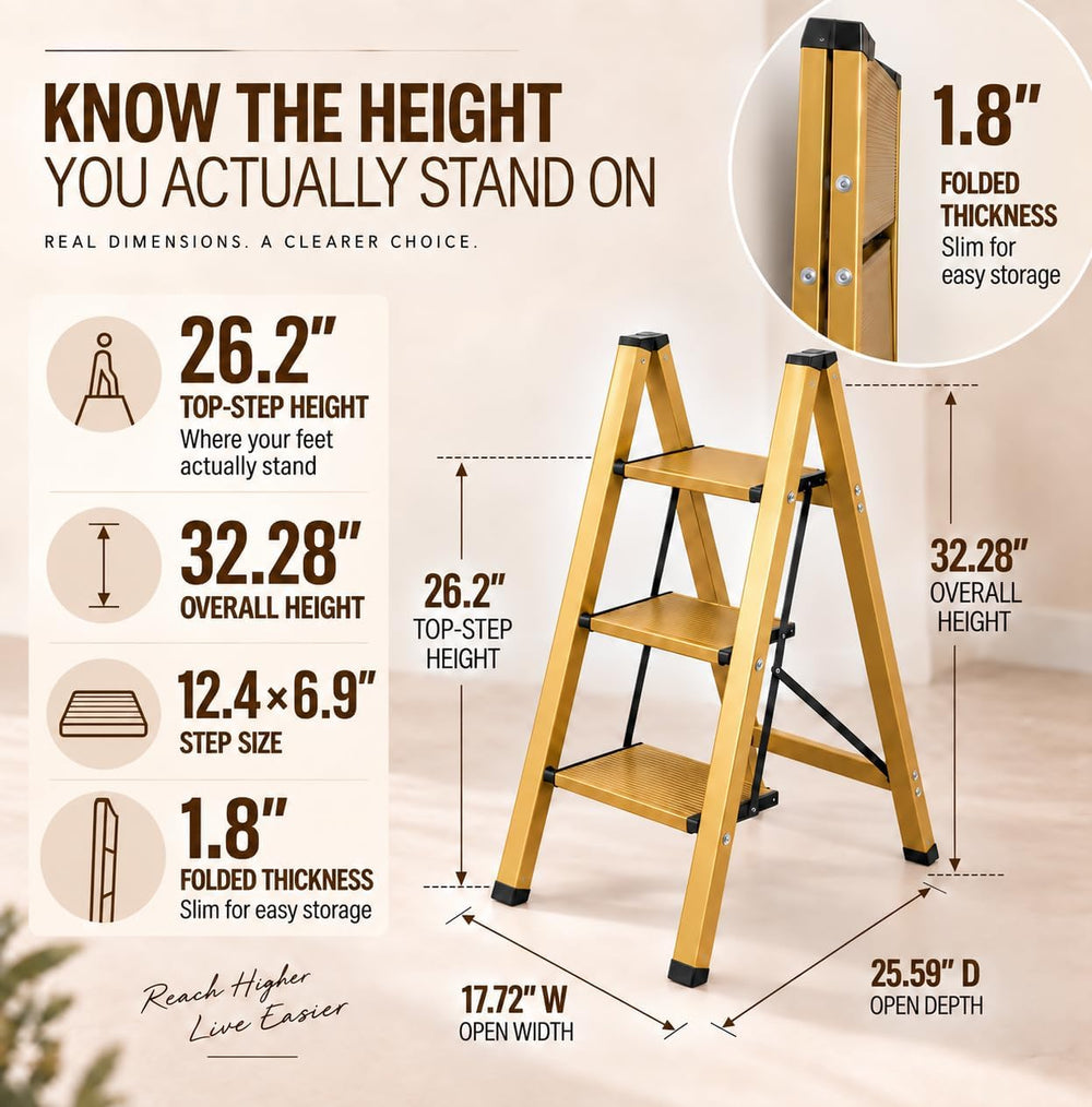 HISMOCAL 3 Step Stool, Gold Aluminum Folding Step Ladder, 330 lb Capacity, Wi...