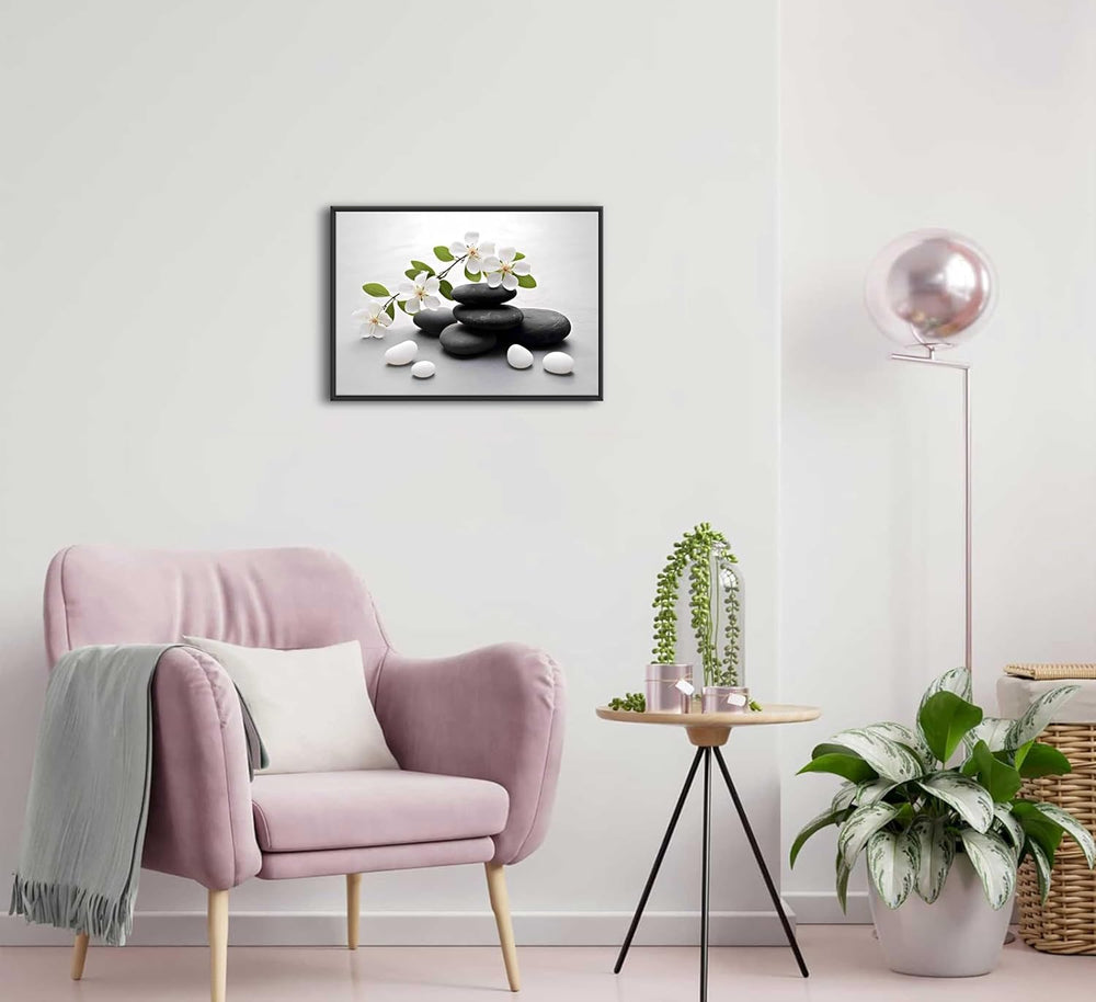 Framed Zen Stone Flower Canvas Wall Art Orchid Flower Black White Zen Stone P...