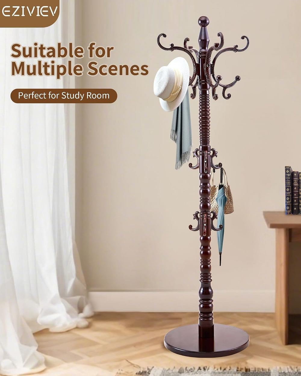 EZIVIEZ Coat Rack Vintage Solid Wood Coat Rack Freestanding with 14 Hooks