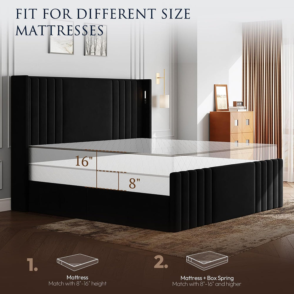 55" Tall Queen Size Platform Bed Frame with 2 Reading Lights, Black