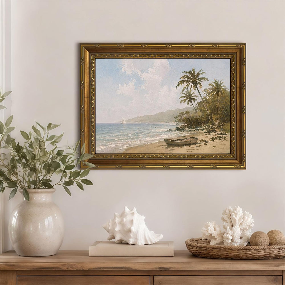 Vintage Tropical Beach Palm Tree Landscape Art, Gold Framed Canvas Print
