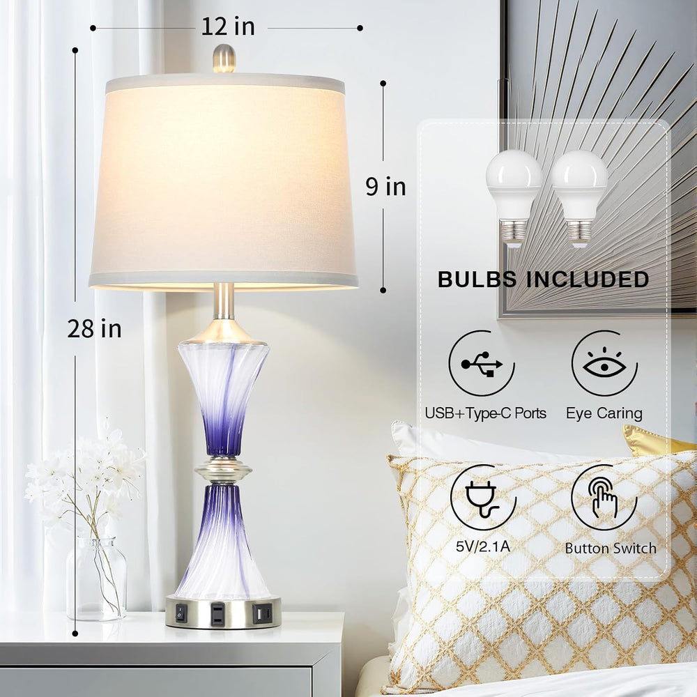 Rinweey Purple Glass Table Lamp Set of 2 with USB C+A Ports & AC Outlet, ...