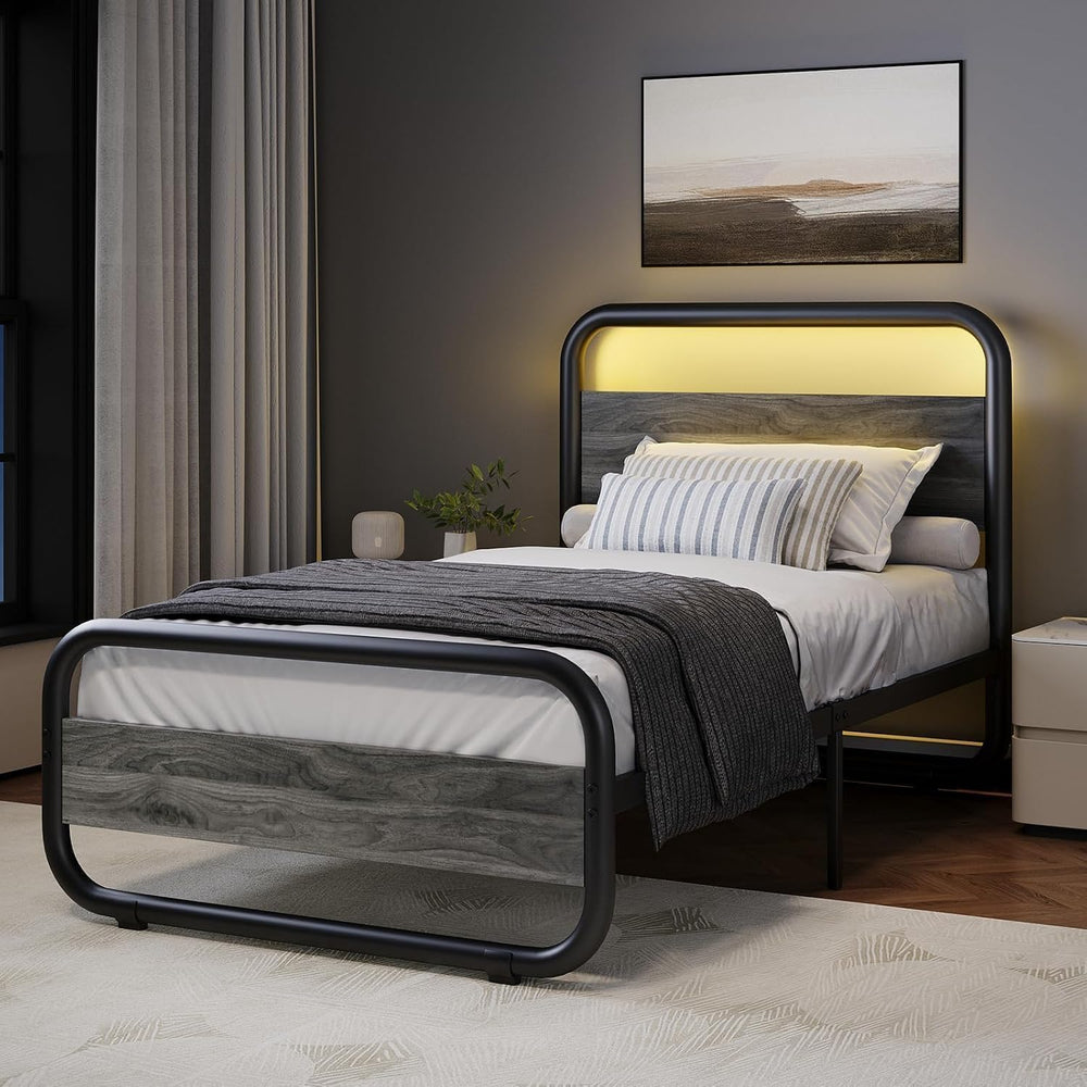 Catrimown Twin Size Bed Frame with Headboard and LED Lights, Grey