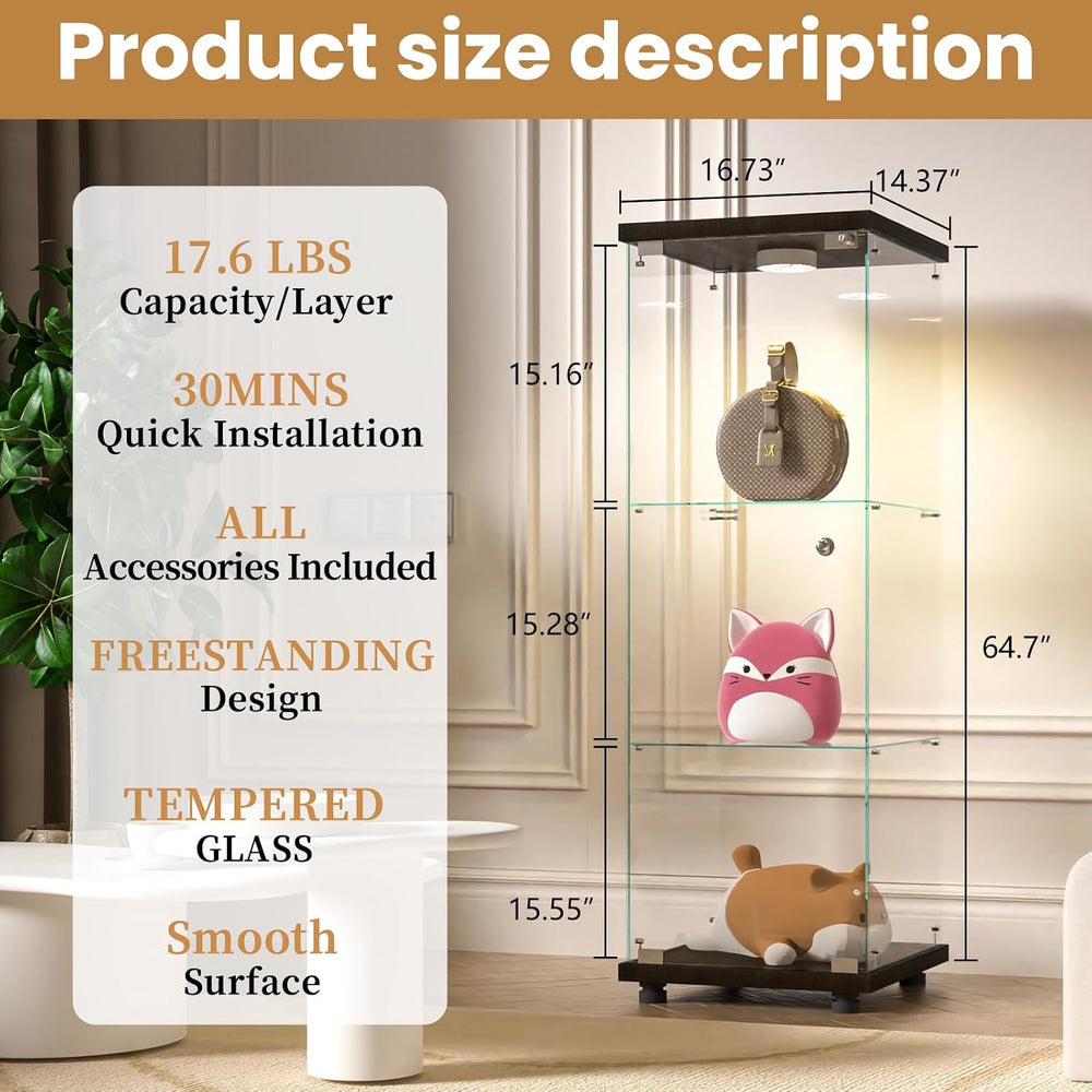 FANYUSHOW Glass Display Cabinet with LED Light & Lock, 1-Door 3-Shelf Black