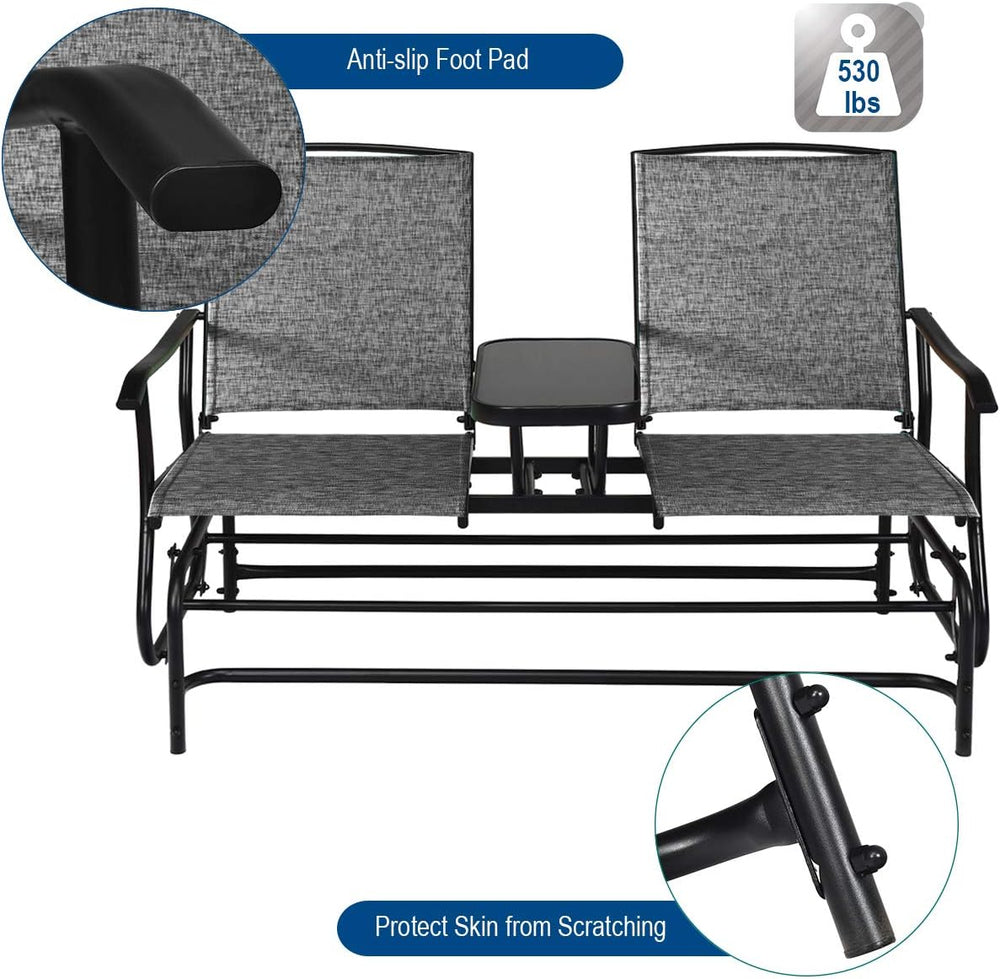 GIANTEX Patio Bench Glider Chair with Metal Frame, Center Tempered Glass Tabl...