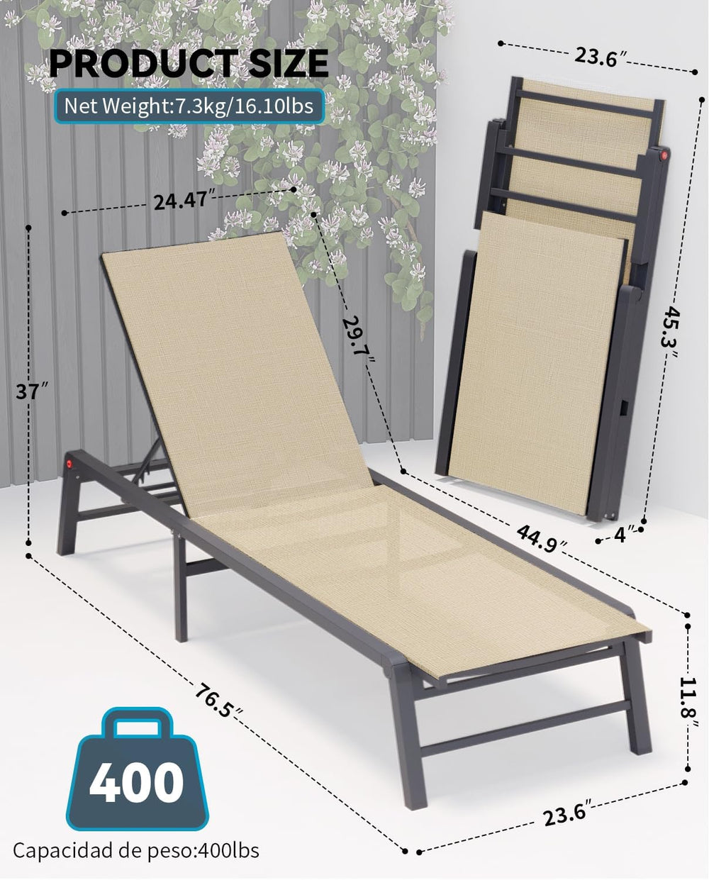 Chaise Lounge Chair Outdoor Aluminum Patio Lounge Chair with 5 Adjustable Pos...