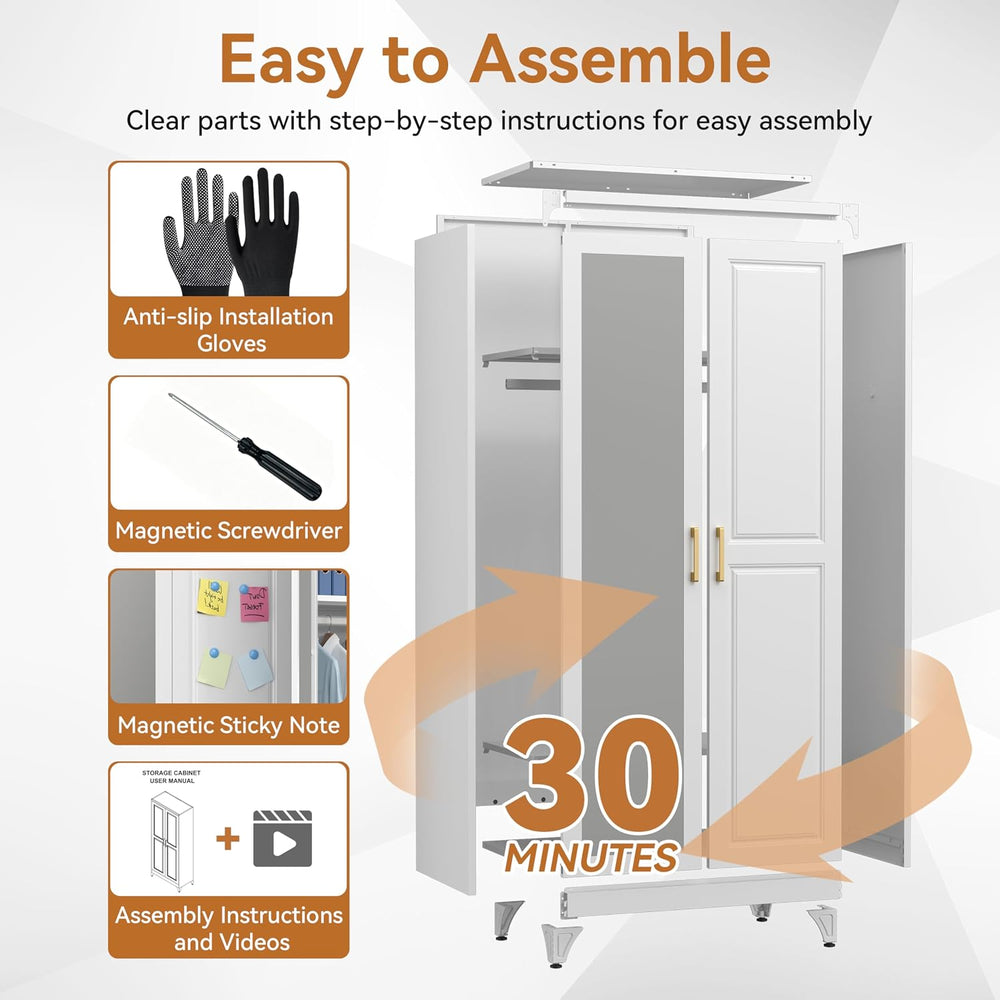 Polup Metal Armoire Wardrobe Closet with Mirror, 71" Tall White Cabinet