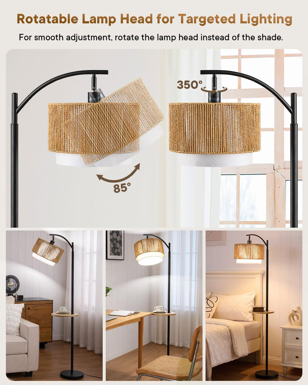 PESRAE Rattan Floor Lamp for Living Room, Farmhouse Arc Standing Lamp