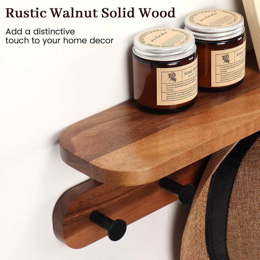 Coat Rack Wall Mount with Shelf, 17" Walnut Wood Wall Shelf with Hooks, ...