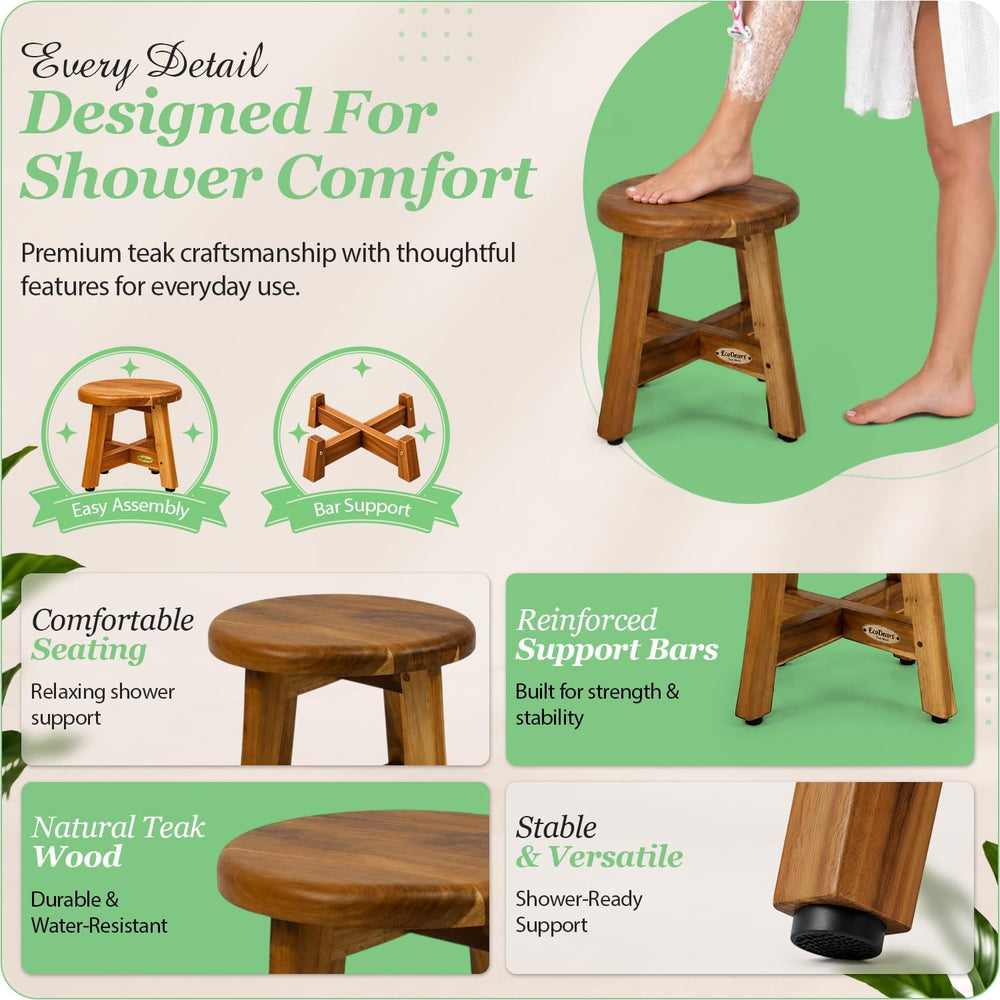 EcoDecors Shoji 18’’ Round Teak Shower Stool, Bath Seat 12’’