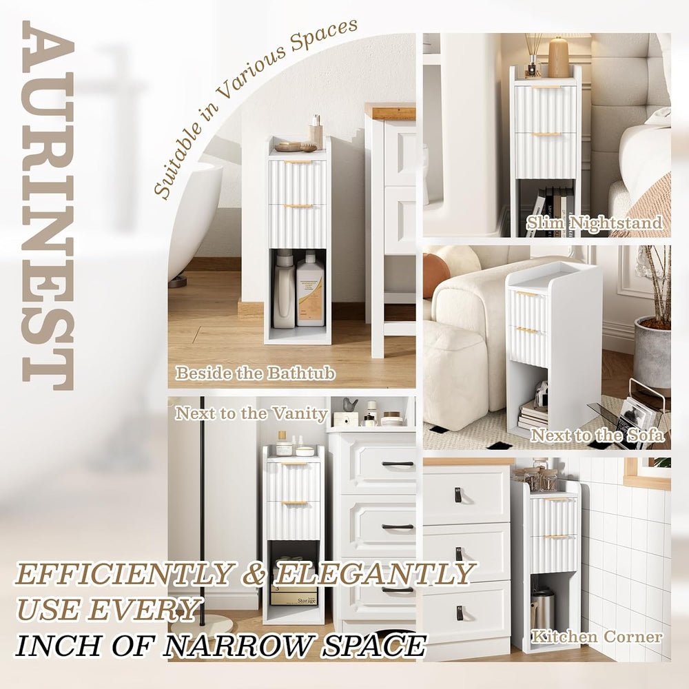 Narrow Nightstand Set of 2, 7.9" Wood Nightstands w/Fluted 2 Drawer, Sli...