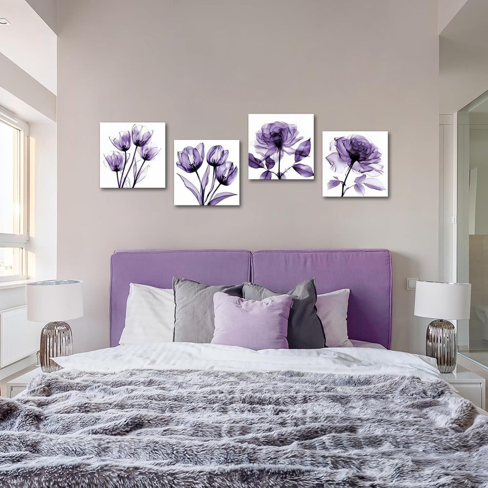 iKNOW FOTO 4pcs X-Ray Purple Flower Wall Art Print Set - Minimalist Floral Pl...
