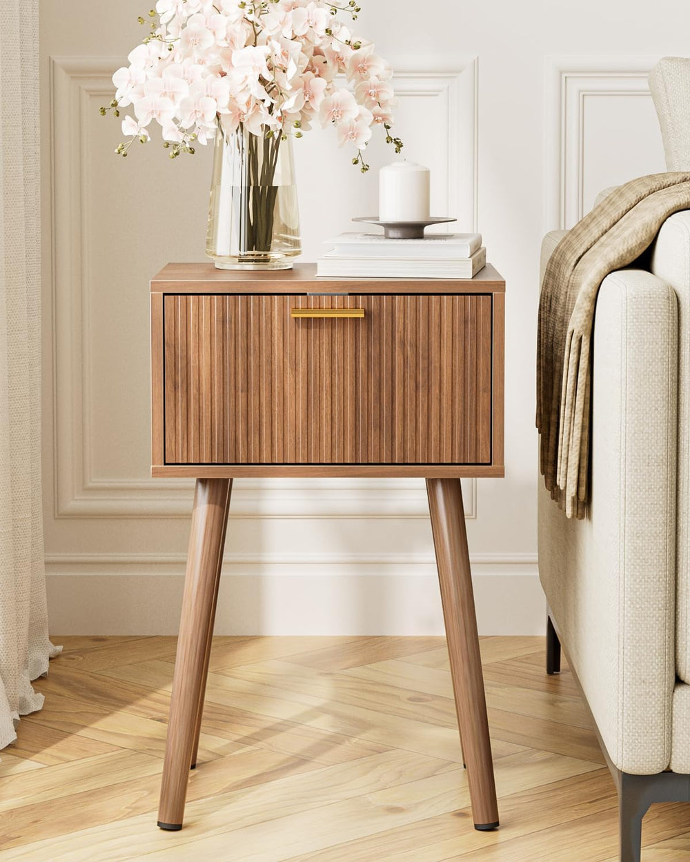 Night Stand Set 2, Modern Nightstand with Fluted Doors, Walnut