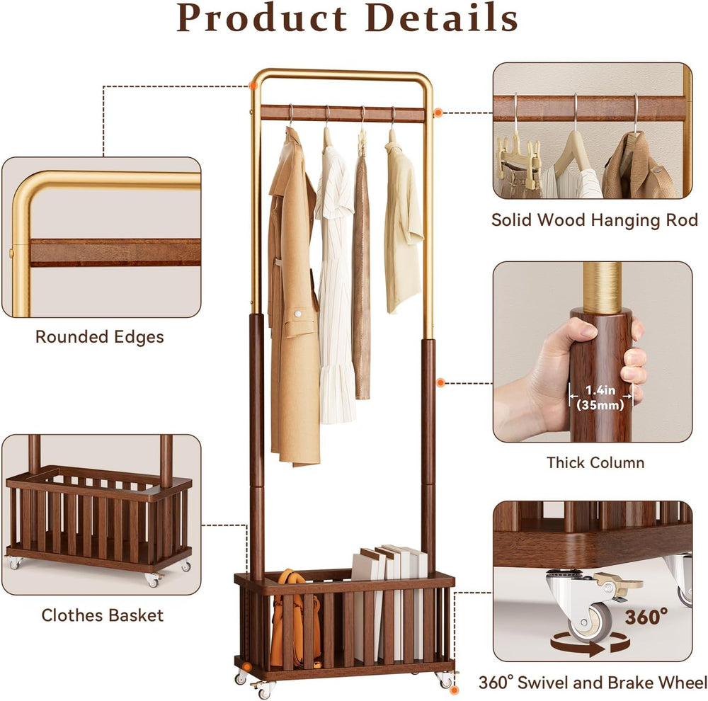 Taitiy Freestanding Solid Wood Coat Rack with Wheels for Hanging Clothes