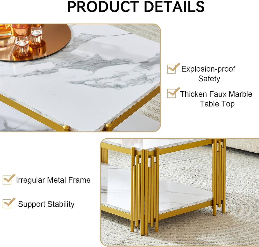 3 Pieces Living Room Table Set, White Faux Marble Coffee Table Set of 3, Mode...