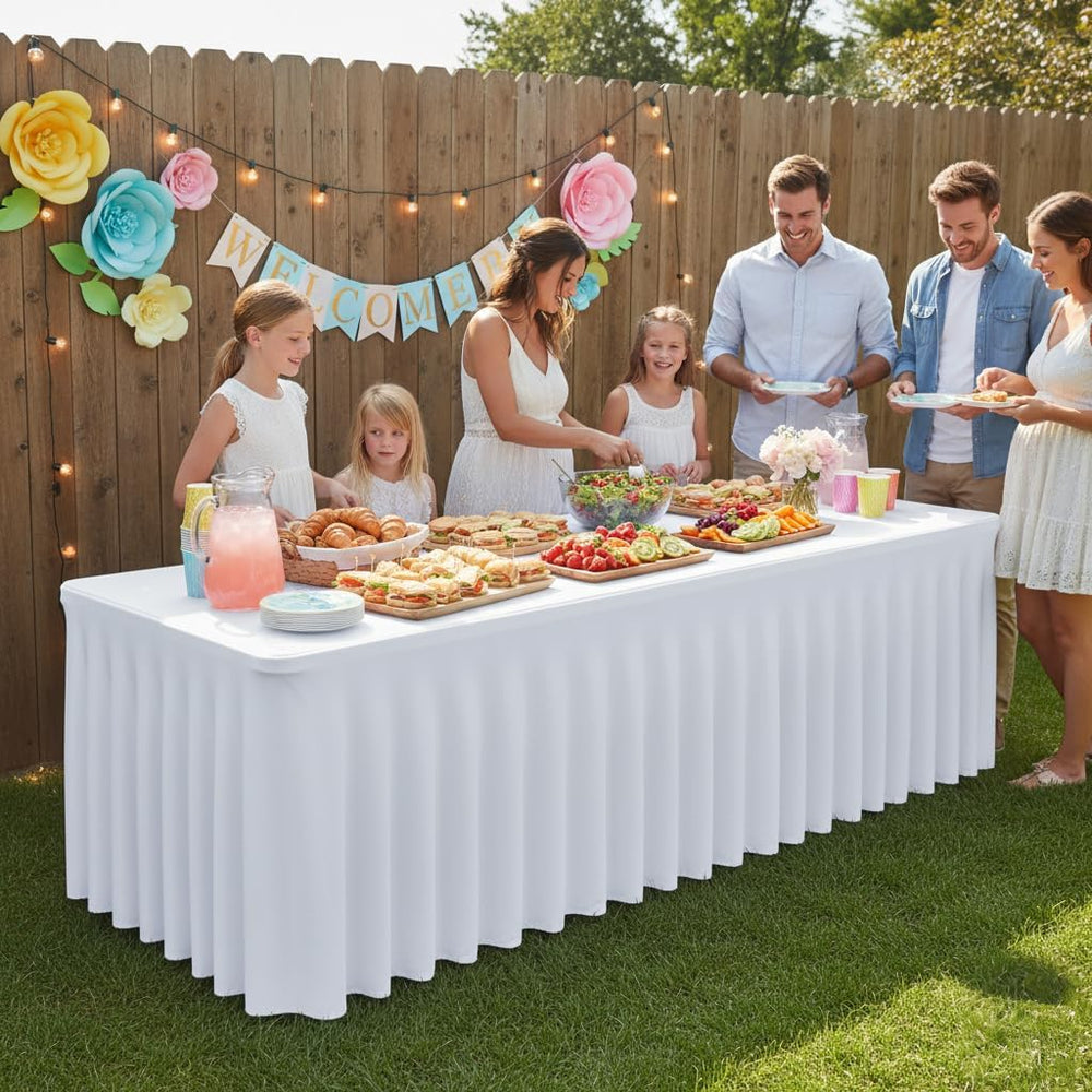 White Spandex Table Covers 6ft Rectangle Table Skirts for Party 2 Pack