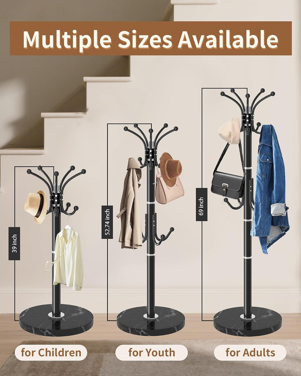 EZIVIEZ Coat Rack with 360°Rotary 14 Hooks Umbrella Holder Marble Base