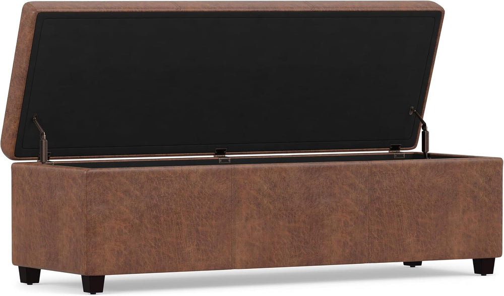 SIMPLIHOME Avalon 48" Wide Vegan Leather Storage Ottoman in Saddle Brown
