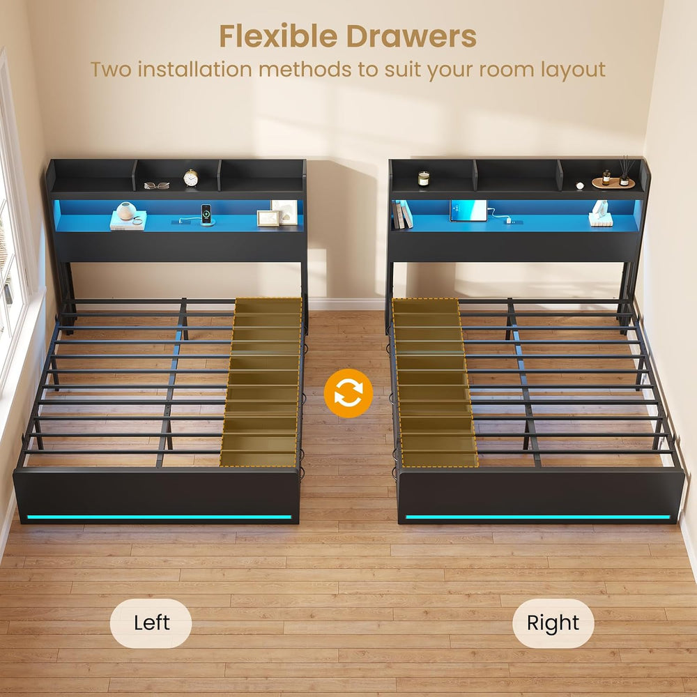 DICTAC Full Bed Frame with Storage Headboard & 5 Drawers, LED Bed Frame F...