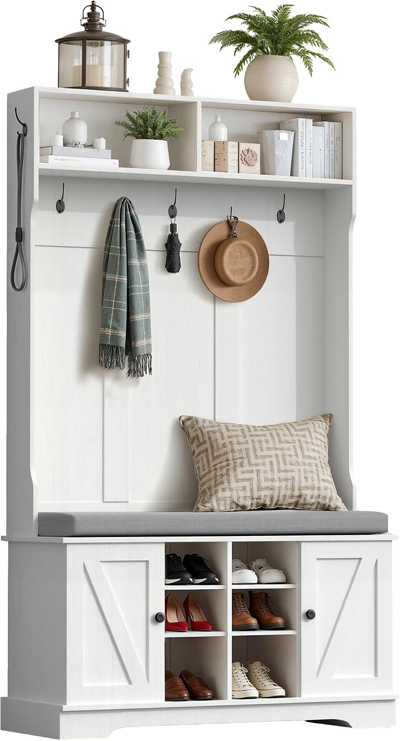 71“ Hall Tree with Bench and Shoe Storage, Coat Rack and 2 Doors