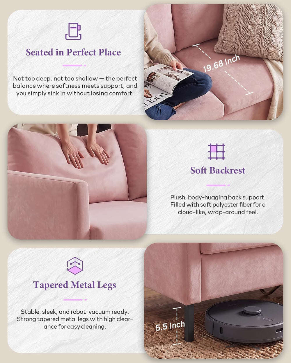 TYBOATLE 51'' Pink Small Couch Loveseat, 2-Seater Upholstered Sofa