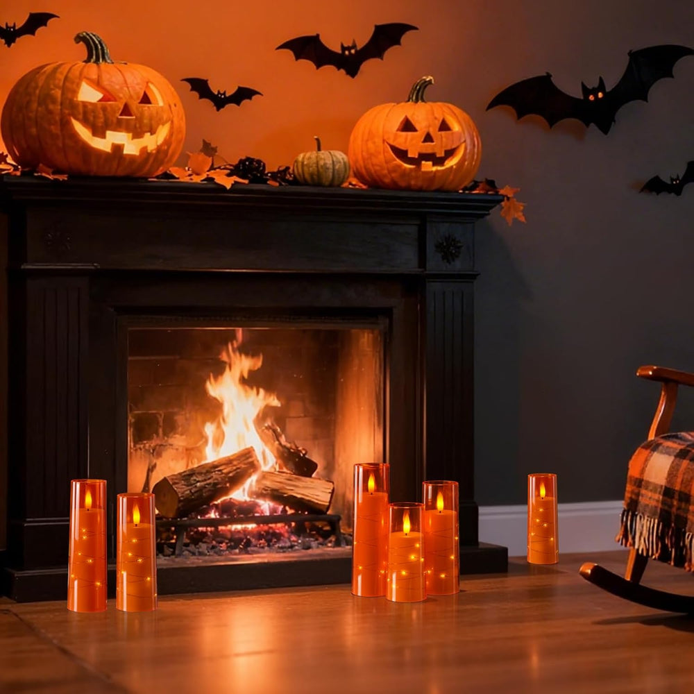 Raycare 9 Pcs Orange Halloween Flameless Pillar Candles with Remote Timer