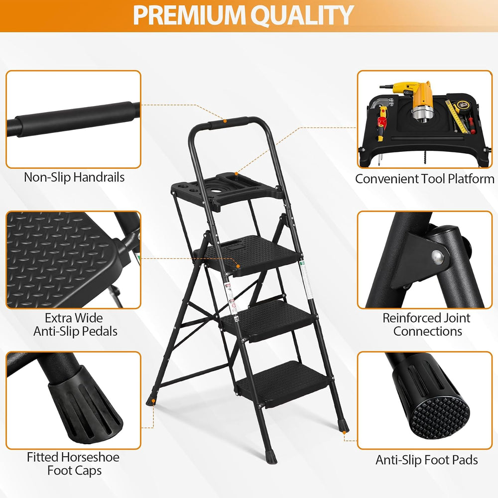 ZENY 3 Step Ladder, Folding Step Stool for Adults, Portable Steel Ladder with...