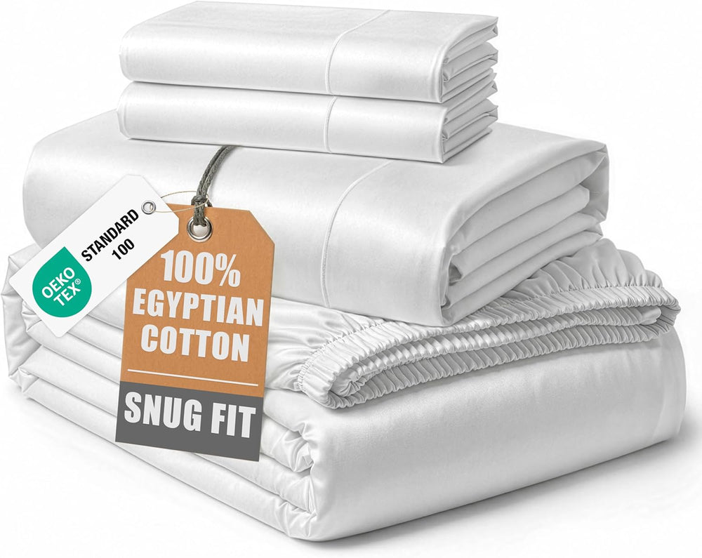 100% Egyptian Cotton King Size Sheets Set Hotel Style Sateen Weave - White