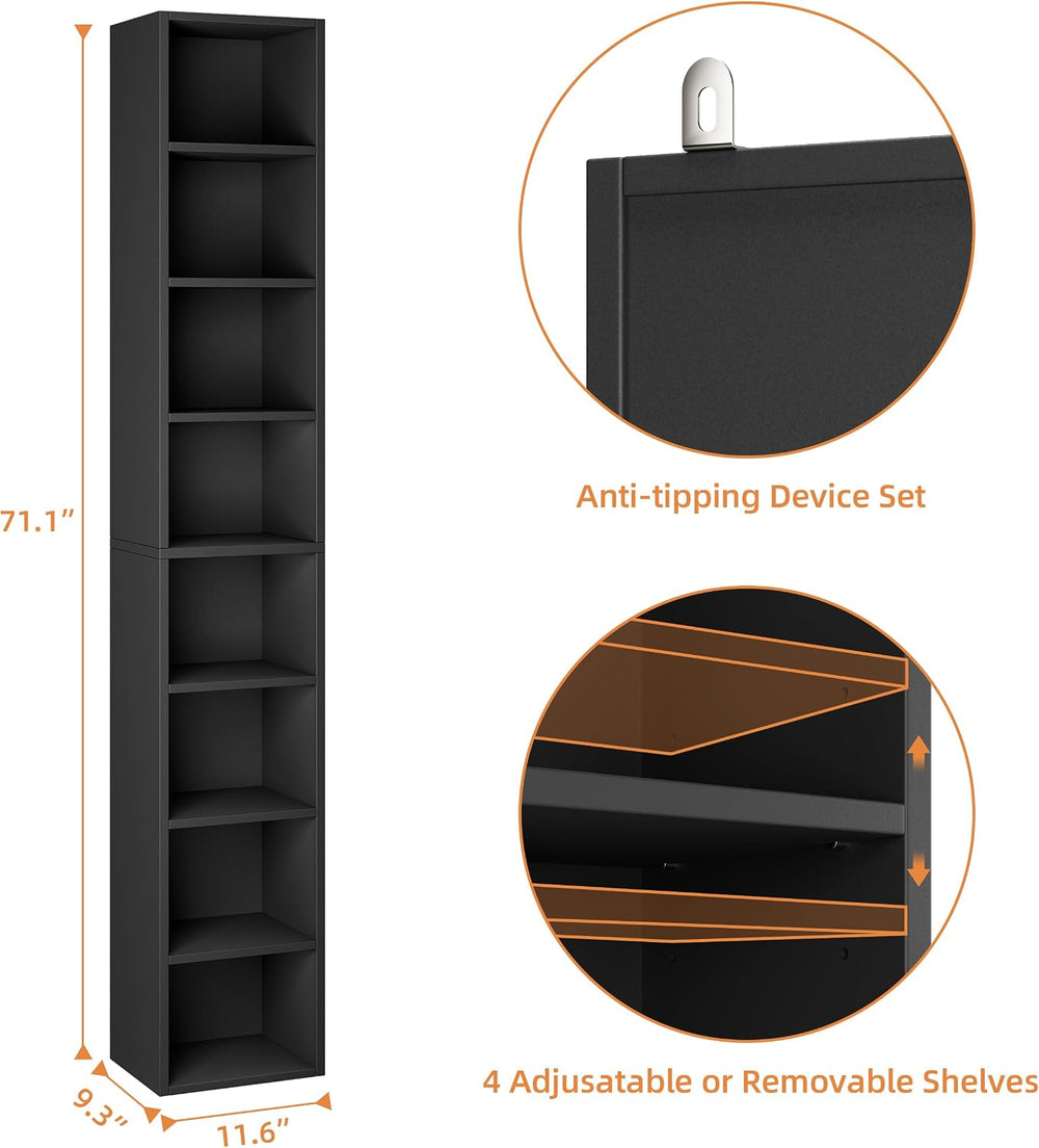 Bamjoy 71 Inches Tall Narrow Bookcase, 8-Tier Slim CD DVD Media Tower Rack, C...