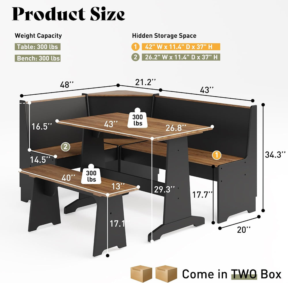 AMERLIFE 3-Piece Breakfast Nook Dining Set with Storage, Black Oak