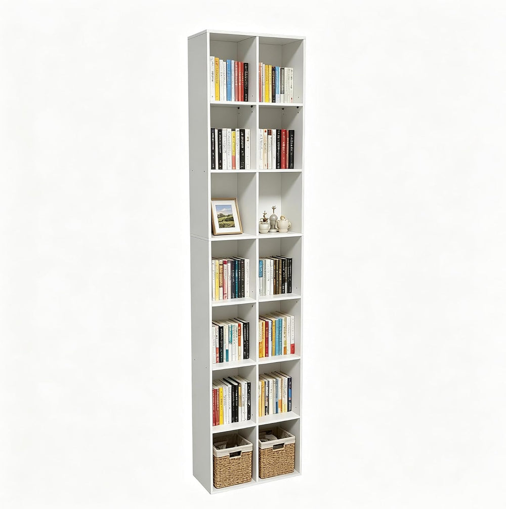 71" Tall Shallow Bookcase DVD Storage Shelf, 14 Cubes 7 Tier Narrow Wide...