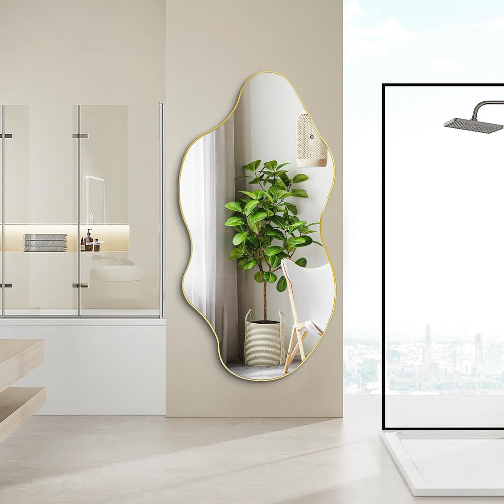 59"x30" Large Irregular Wall Mirror, Gold Frameless Mirror