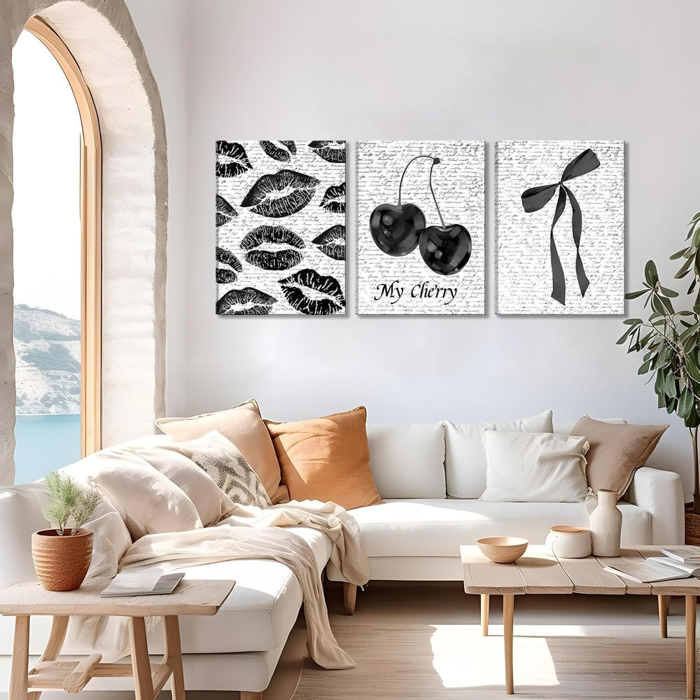 Black And White Canvas Wall Art Set of 3, Fashion Black White Lips And Cherry...
