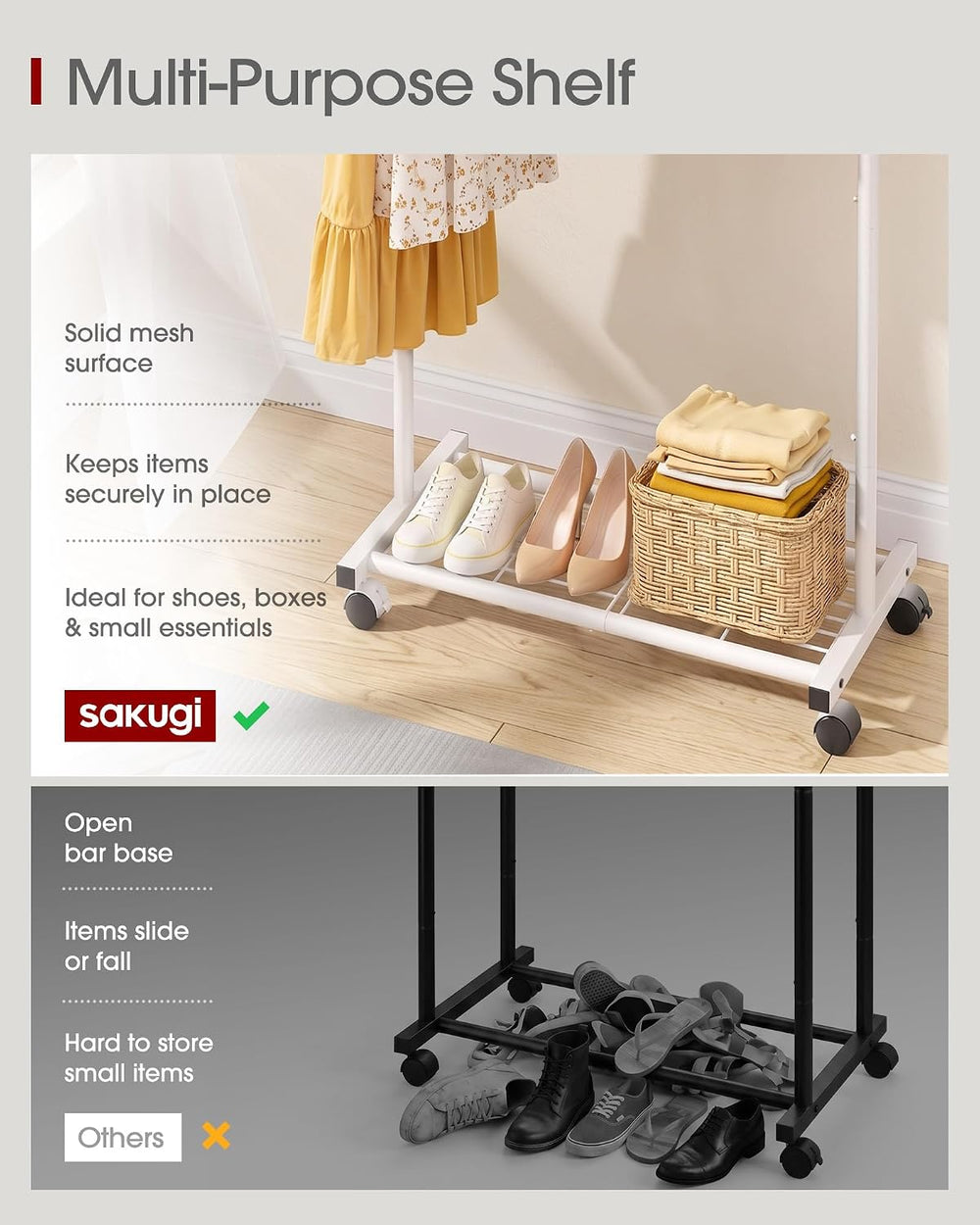 Sakugi Clothes Rack - Clothing Rack with Storage Mesh Shelf & Casters, He...