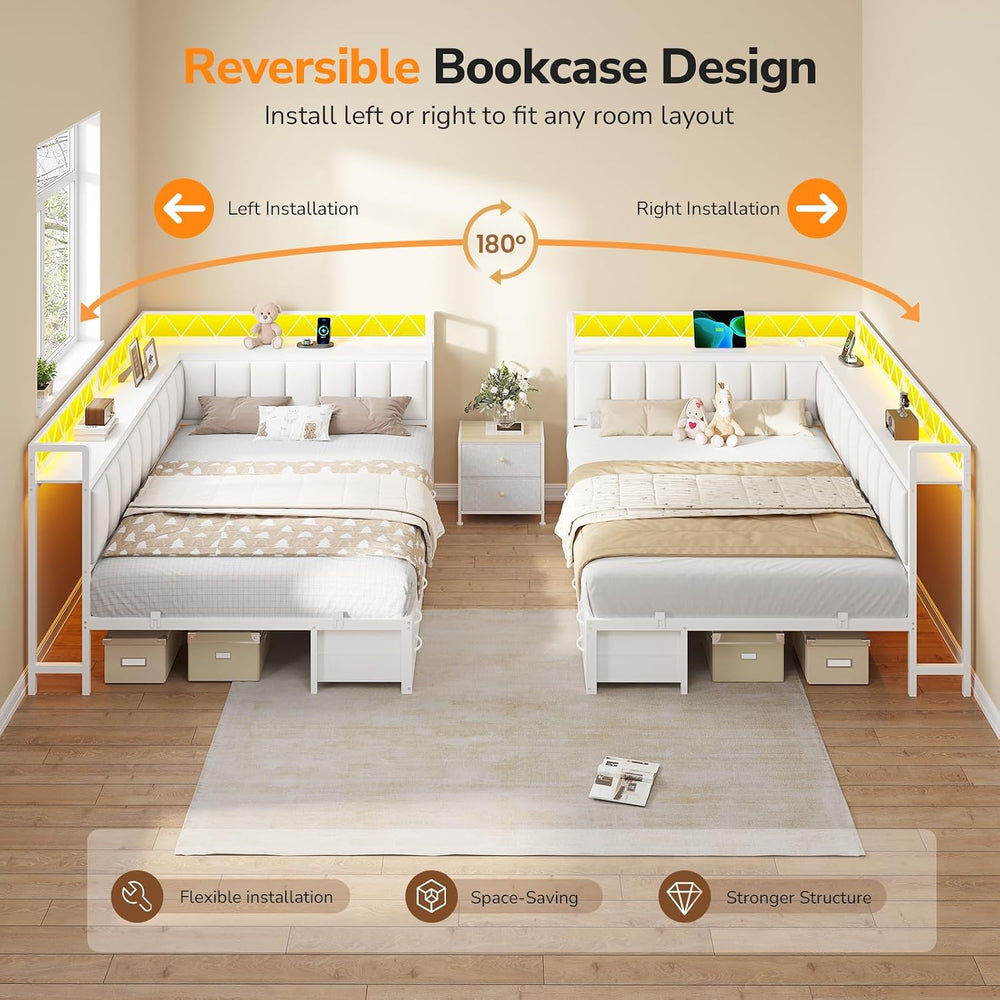 Corner Full Bed Frame with 6 Storage Drawers, Open Shelves,Charging Station