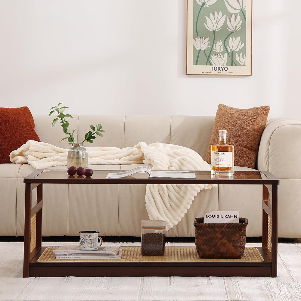 Welnow Rattan Coffee Table, 2-Tier Mid Century Modern Coffee Table, Walnut