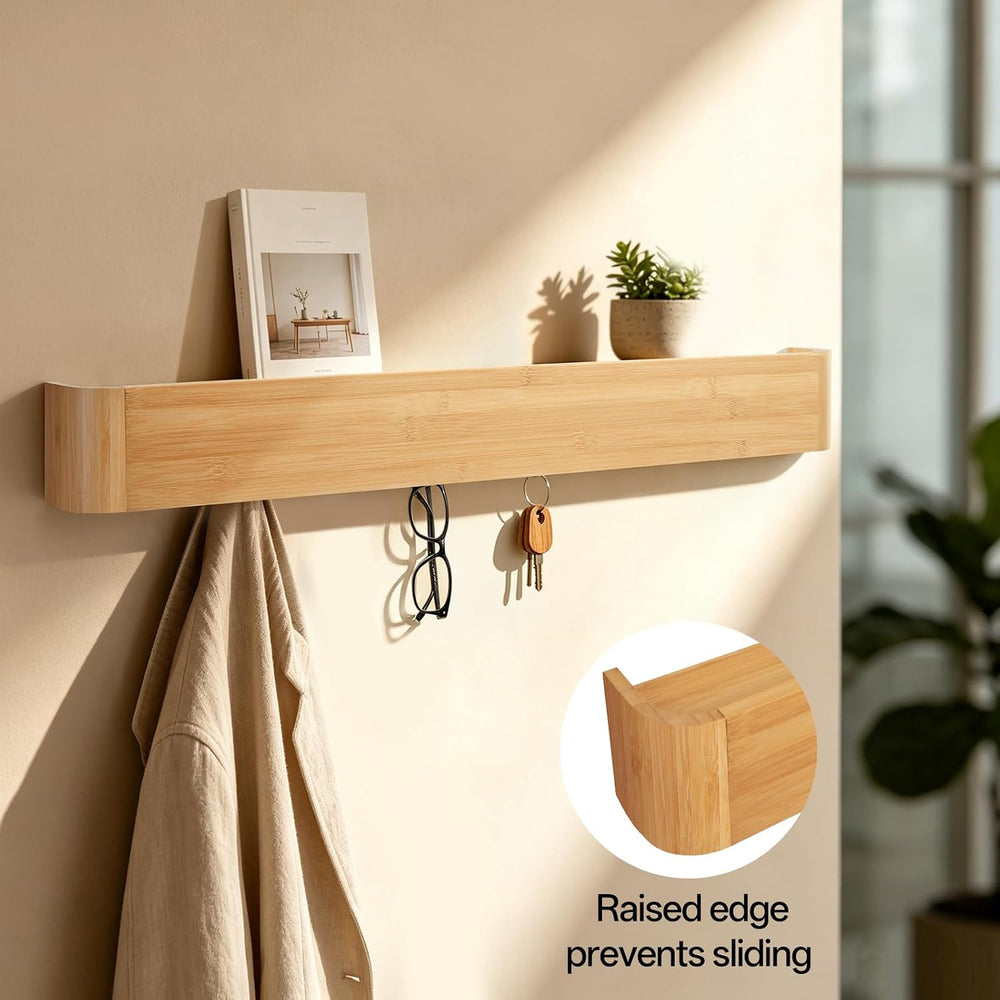 33" Bamboo Coat Rack Wall Mount, 8 Hidden Hooks, Family, Natural