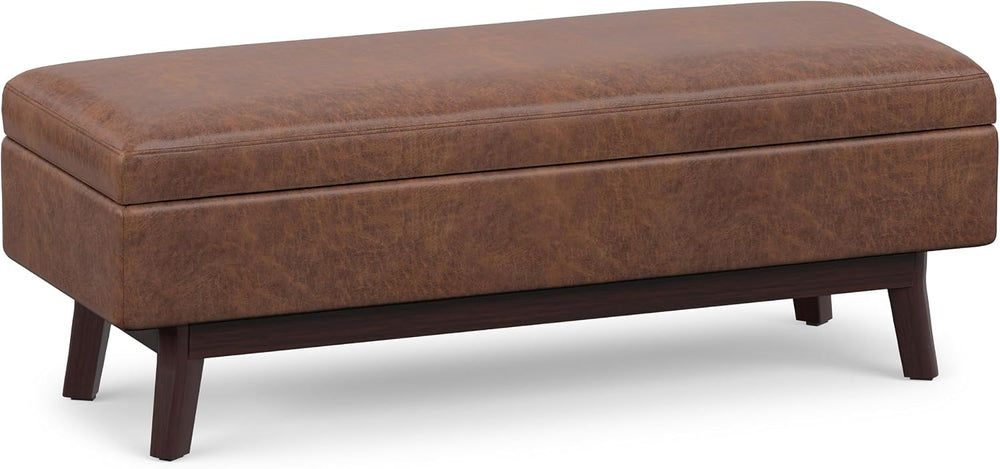 SIMPLIHOME Owen 48" Wide Vegan Leather Lift Top Ottoman in Saddle Brown
