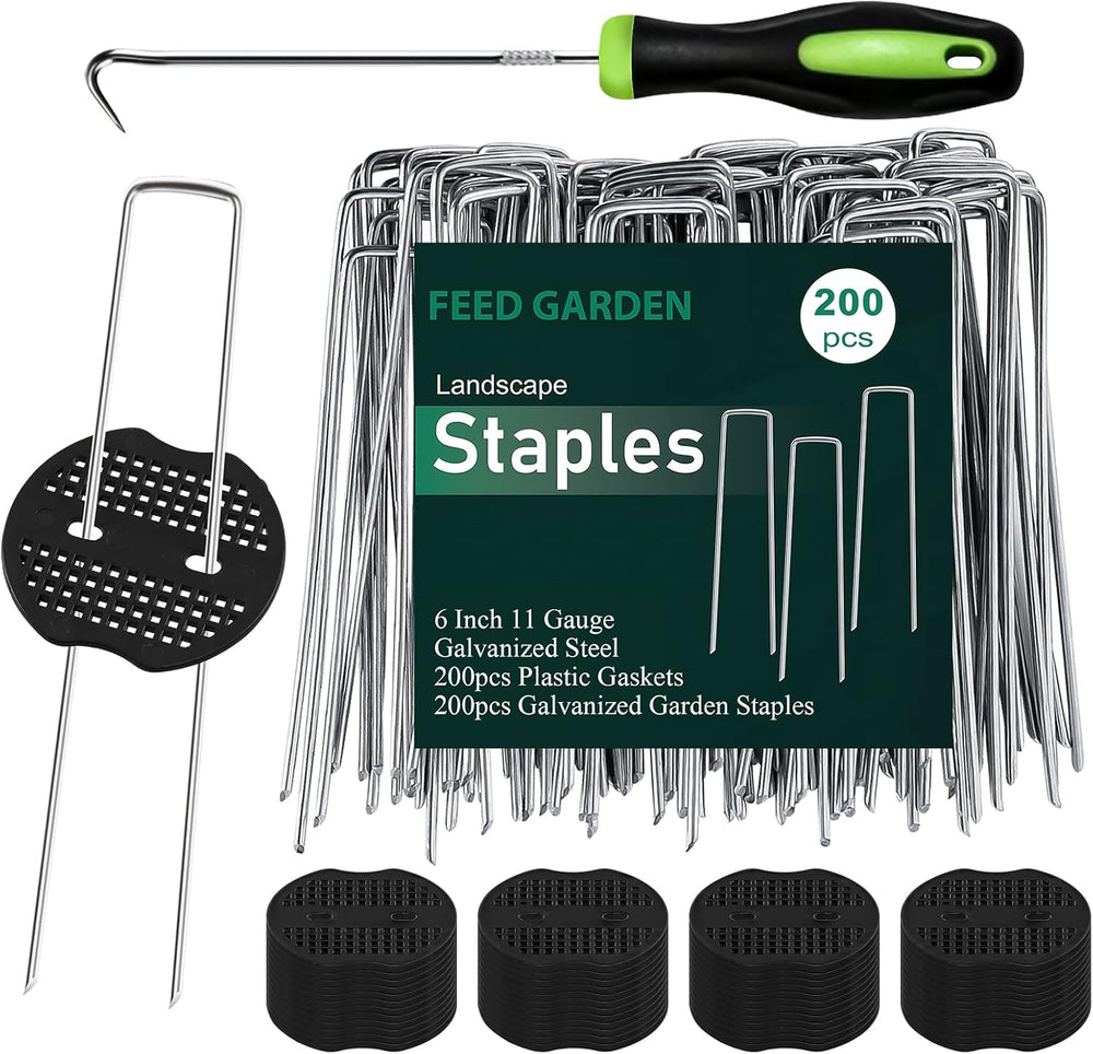 FEED GARDEN Landscape Staples 6 Inch 200 Pack Kit, Heavy Duty 11 Gauge Hot-Di...