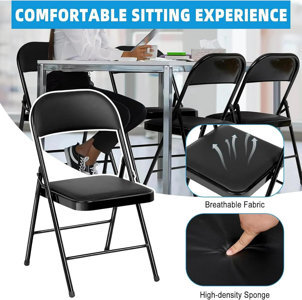 6 Pack Padded Folding Chairs, PU Leather Seat, 350 lb, Black