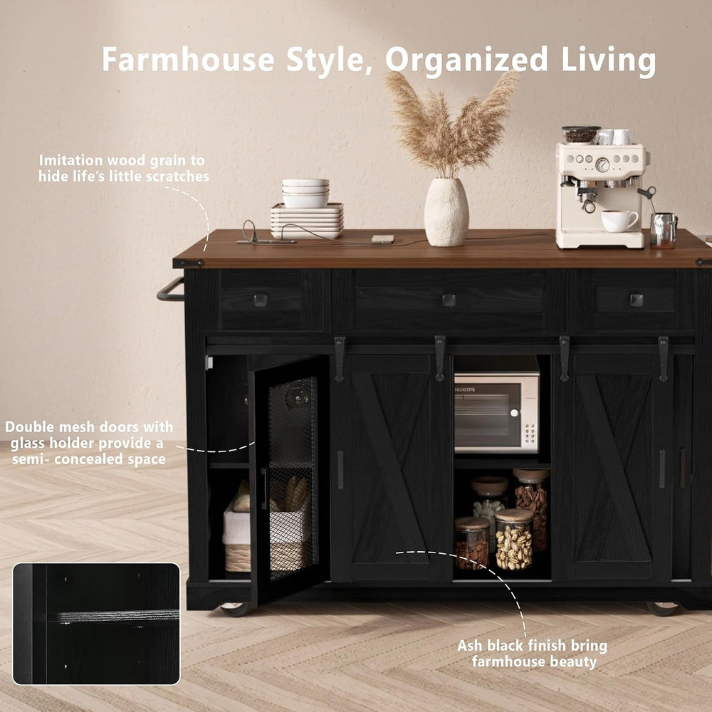 LUMISOL Farmhouse Kitchen Island Cart with Drop Leaf & 3 Drawers, Black