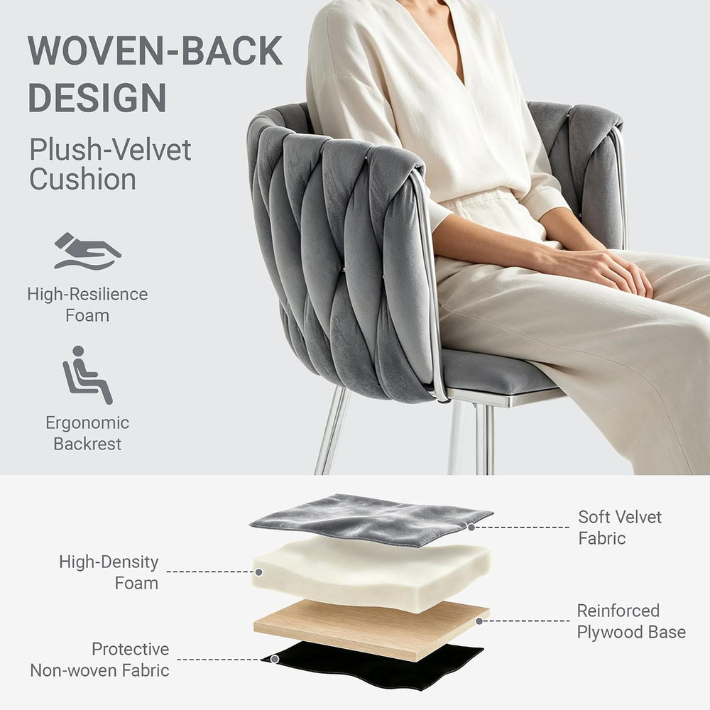 Velvet Dining Chairs Set of 6, Woven Back,Gray