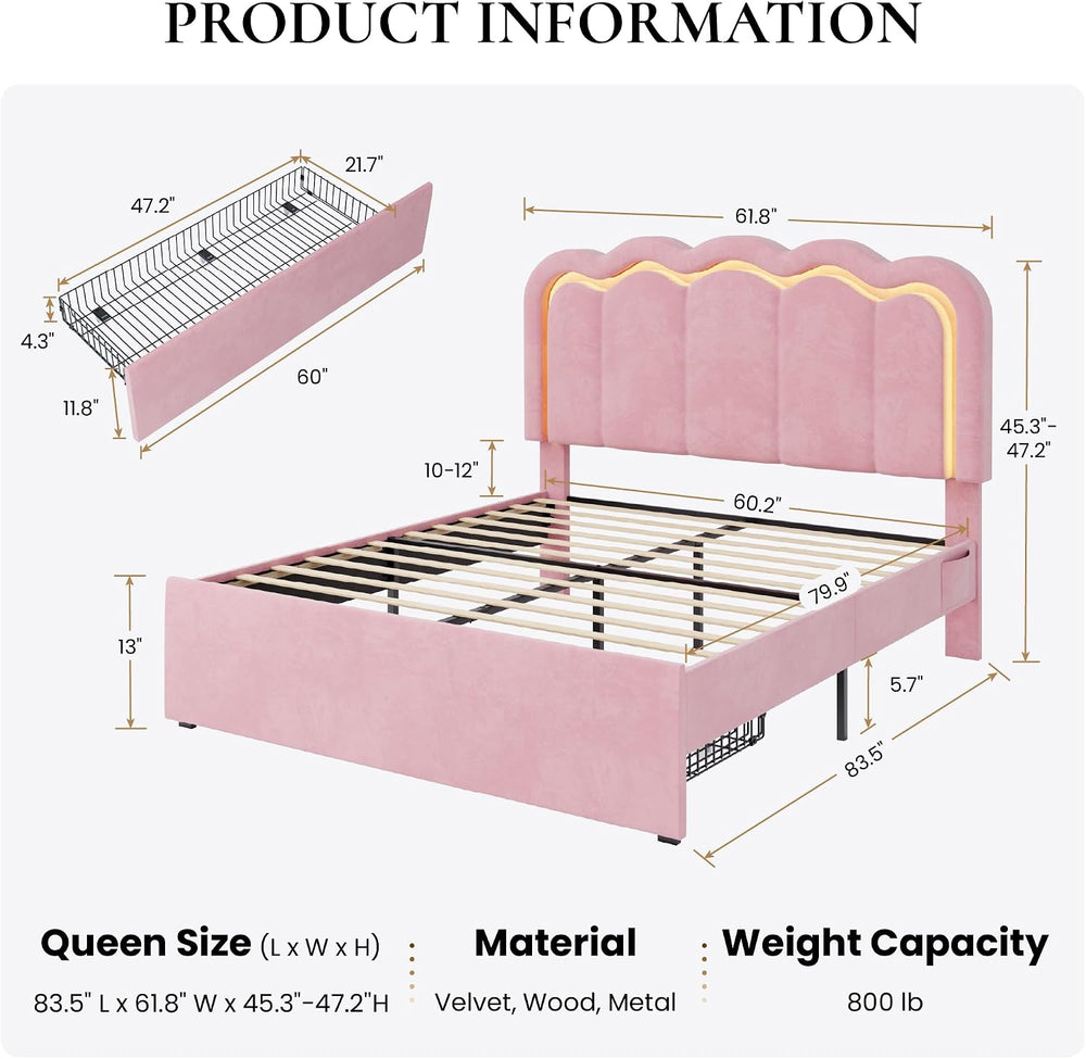 SHA CERLIN Queen Size Bed Frame with LED Lights and Storage Drawer, Pink